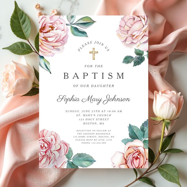 Elegant Pink Floral Religious Girl Baptism Invitation (Floral Peonies Gold Cross Religious Baptism Invitation)