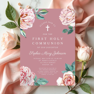 Elegant Pink Floral Religious Girl First Communion Invitation
