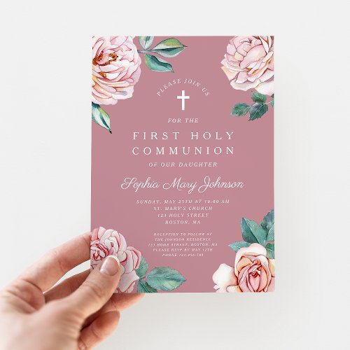 Elegant Pink Floral Religious Girl First Communion Invitation