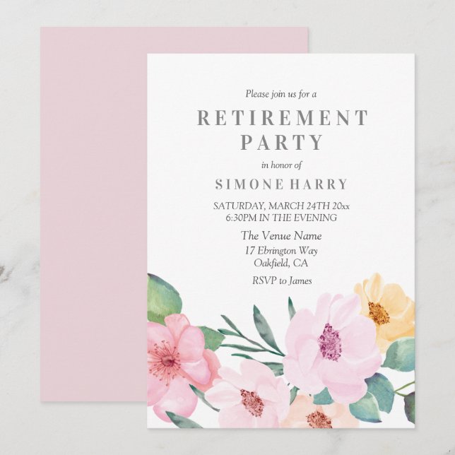 Elegant Pink Floral Retirement Party Invitation (Front/Back)