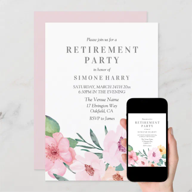 Elegant Pink Floral Retirement Party Invitation | Zazzle