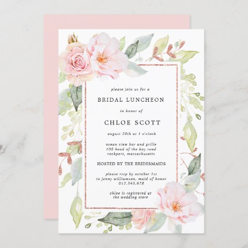 Elegant Pink Floral Rose Gold Bridal Luncheon Invitation