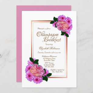 Elegant Pink Floral Rose Gold Champagne Breakfast Invitation
