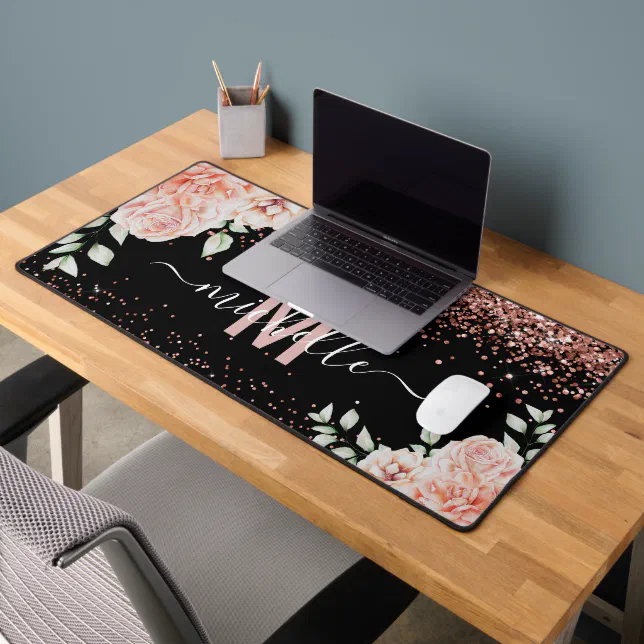 Elegant Pink Floral Rose Gold Glitter Monogram Desk Mat | Zazzle