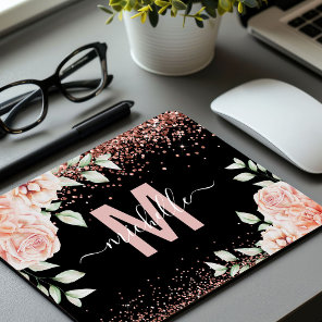 Elegant Pink Floral Rose Gold Glitter Monogram Mouse Pad