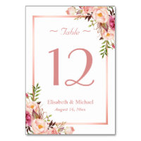 Elegant Pink Floral Rose Gold Wedding Table Number