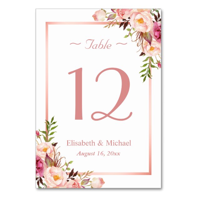 Elegant Pink Floral Rose Gold Wedding Table Number Card