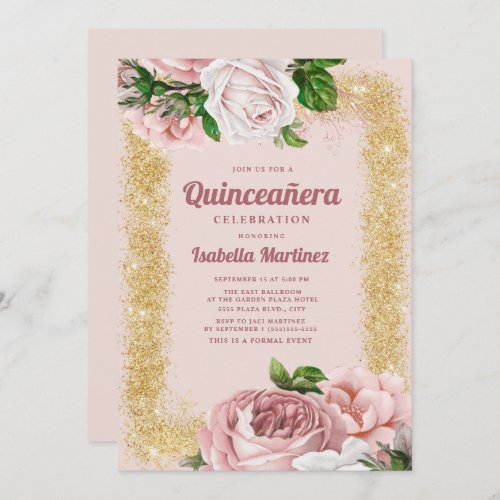 Elegant Pink Floral Roses Gold Glitter Quinceaera Invitation