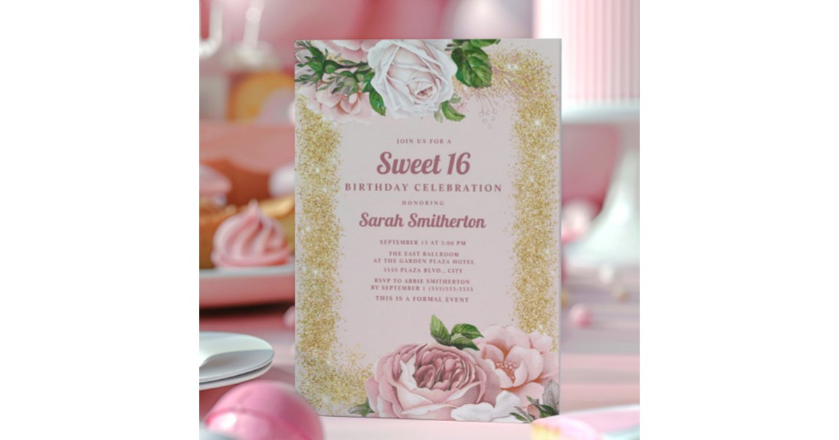 Sweet 16 Pink Roses Elegant Pink Floral Roses Gold Glitter Sweet 16 Invitation | Zazzle