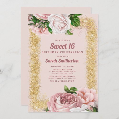 Elegant Pink Floral Roses Gold Glitter Sweet 16 Invitation