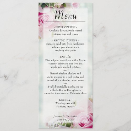 Elegant Pink Floral Roses  Peony Buds Wedding Menu