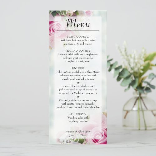 Elegant Pink Floral Roses  Peony Buds Wedding Menu