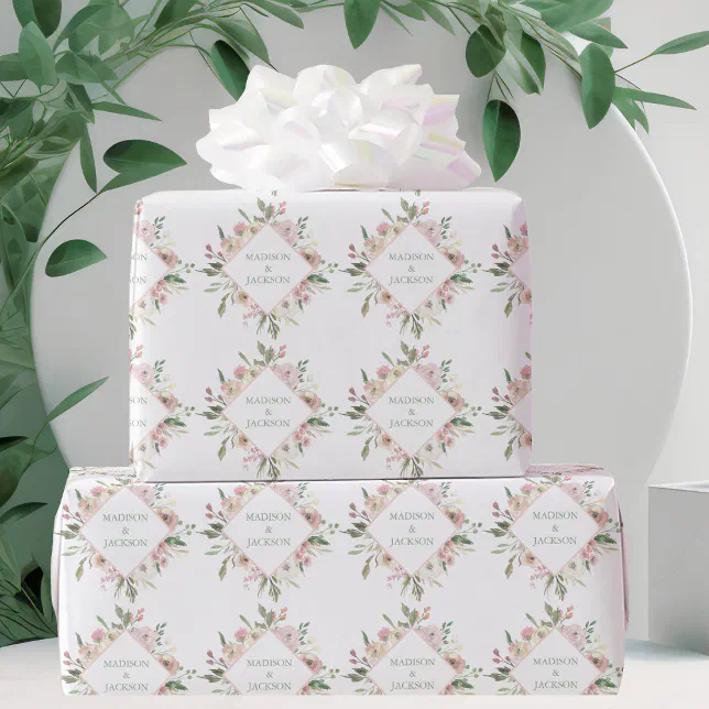 Elegant Pink Floral Sage Typography Custom Wedding Wrapping Paper | Zazzle