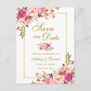 Elegant Pink Floral Save the Date Gold Announcement Postcard