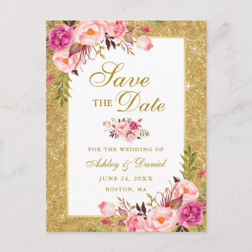 Elegant Pink Floral Save the Date Gold Glitter Announcement Postcard