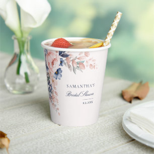 Elegant Pink Floral Script Bridal Shower Paper Cups