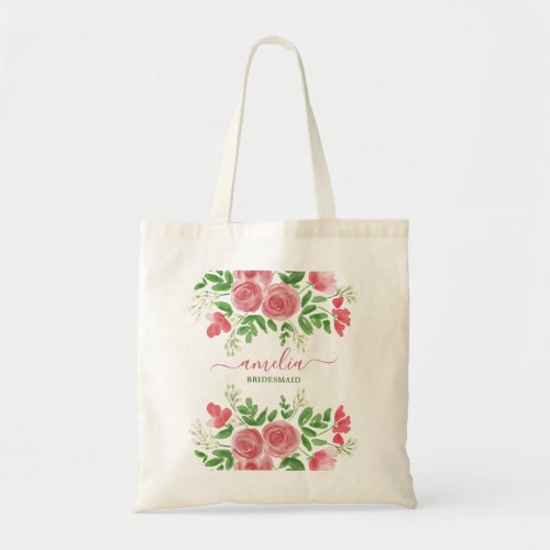 Elegant Pink Floral Script Bridesmaid Name Tote Bag