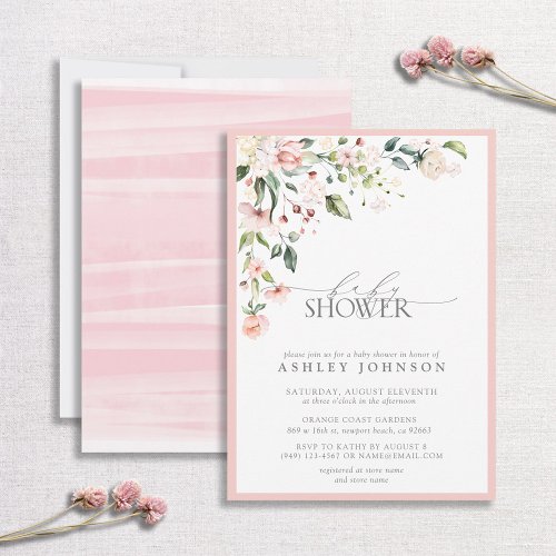Elegant Pink Floral Script Girl Baby Shower Invitation