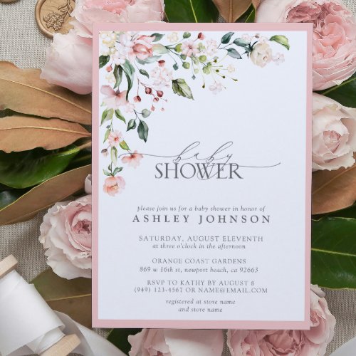 Elegant Pink Floral Script Girl Baby Shower Invitation