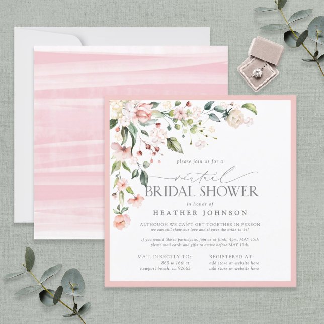 Elegant Pink Floral Script Virtual Bridal Shower Invitation