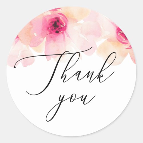 Elegant pink floral script wedding thank you classic round sticker