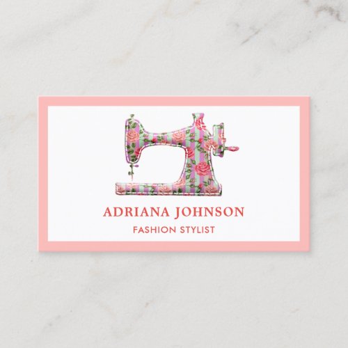 Elegant Pink Floral Sewing Machine Fashion Stylist Business Card