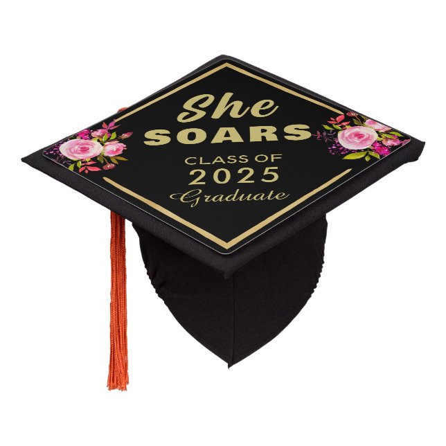 Elegant Pink Floral "She SOARS" CLASS OF 2025 Graduation Cap Topper (Angled)