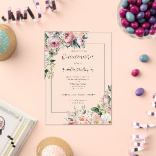 Elegant Pink Floral Silver Border Quinceañera Acrylic Invitations
