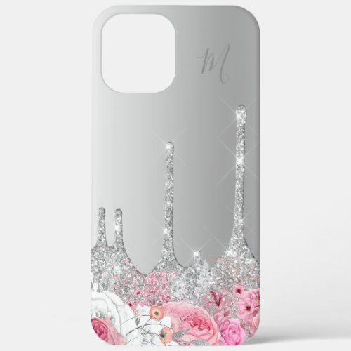 Elegant pink floral silver glitter drips monogram iPhone 12 pro max case