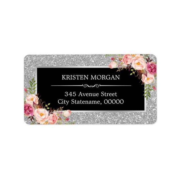 Elegant Pink Floral Silver Gray Glam Glitter Label