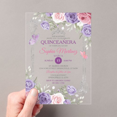 Elegant Pink Floral Silver Purple Girl Quinceañera