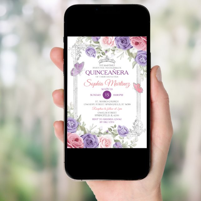 Elegant Pink Floral Silver Purple Girl Quinceañera Invitation (Front Digital)