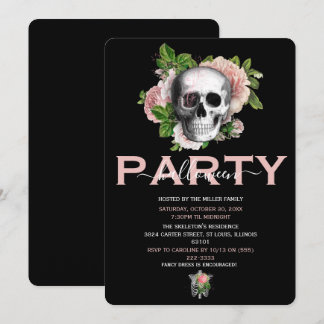 Elegant Pink Floral Skull Adult Halloween Party Invitation