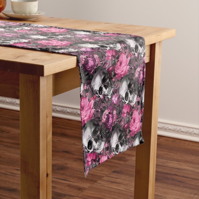 Elegant Pink Floral Skull Short Table Runner (In Situ)