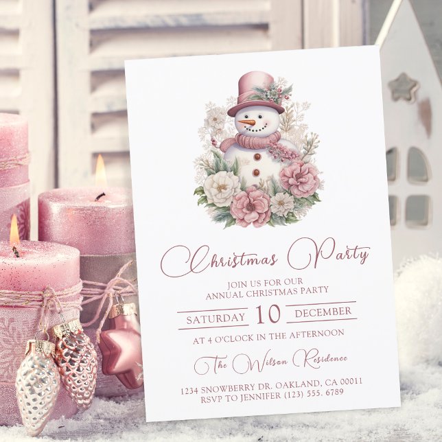 Elegant Pink Floral Snowman Christmas Party Invitation (Creator Uploaded)
