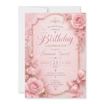 Elegant Pink Floral Sparkle Birthday Invitation