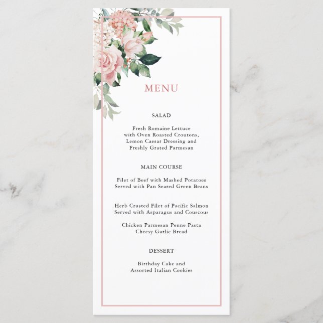 Elegant Pink Floral Special Occasion Menu (Front)