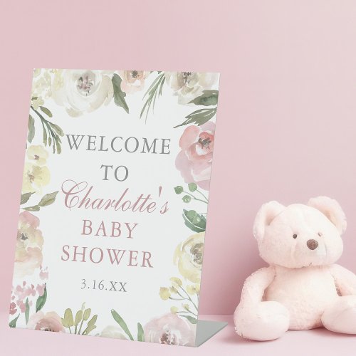 Elegant Pink Floral Spring Baby Shower Welcome Pedestal Sign