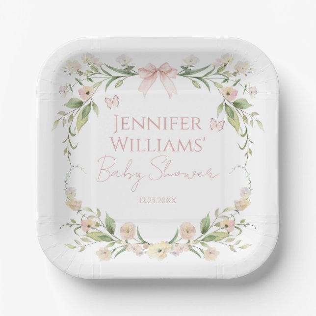 Elegant Pink Floral Spring Summer Baby Girl Shower Paper Plates (Front)