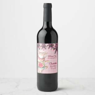 Elegant Pink Floral Stacked Teacups Bridal Shower Wine Label