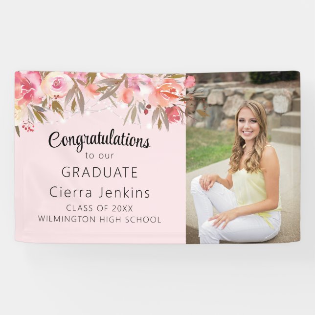 Elegant Pink Floral String Light Graduation Banner (Horizontal)