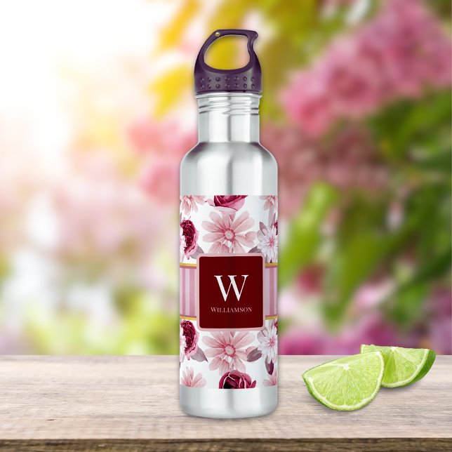 Elegant Pink Floral Stripe Monogram Personalize Stainless Steel Water Bottle (Creator Uploaded)