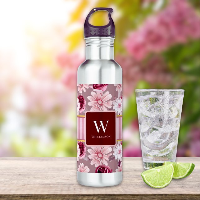 Elegant Pink Floral Stripe Monogram Personalize Stainless Steel Water Bottle (Creator Uploaded)