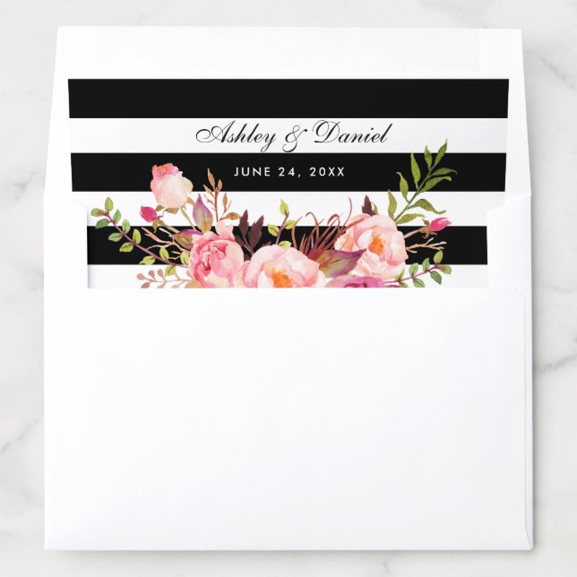 Elegant Pink Floral Striped Wedding Names Envelope Liner (In Envelope)