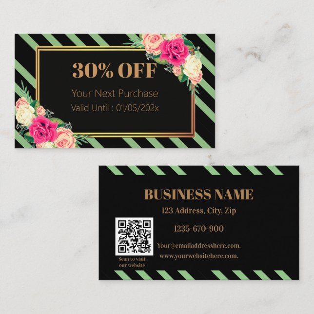 Elegant Pink Floral Stripes QR Code Discount Card (Front/Back)
