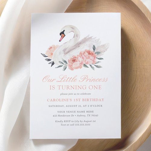 Elegant Pink Floral Swan Girl Birthday Invitation