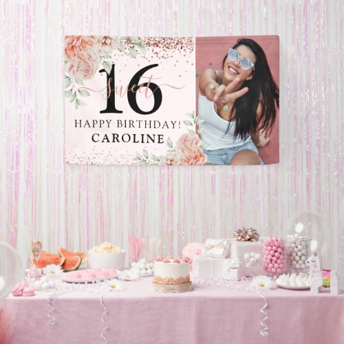 Elegant Pink Floral Sweet 16 Birthday Photo Banner