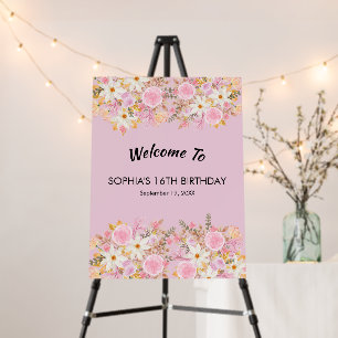 Elegant Pink Floral Sweet 16 Birthday Welcome Sign