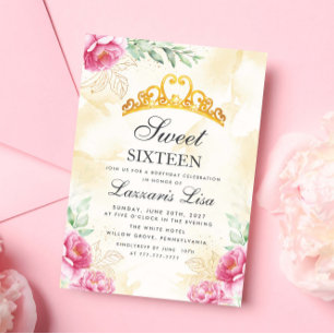 Elegant Pink Floral Sweet Sixteen Gold Birthday Invitation