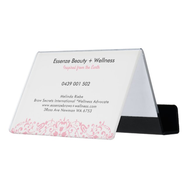 Elegant Pink Floral Swirls Lace Desk Business Card Holder (Angled Back)